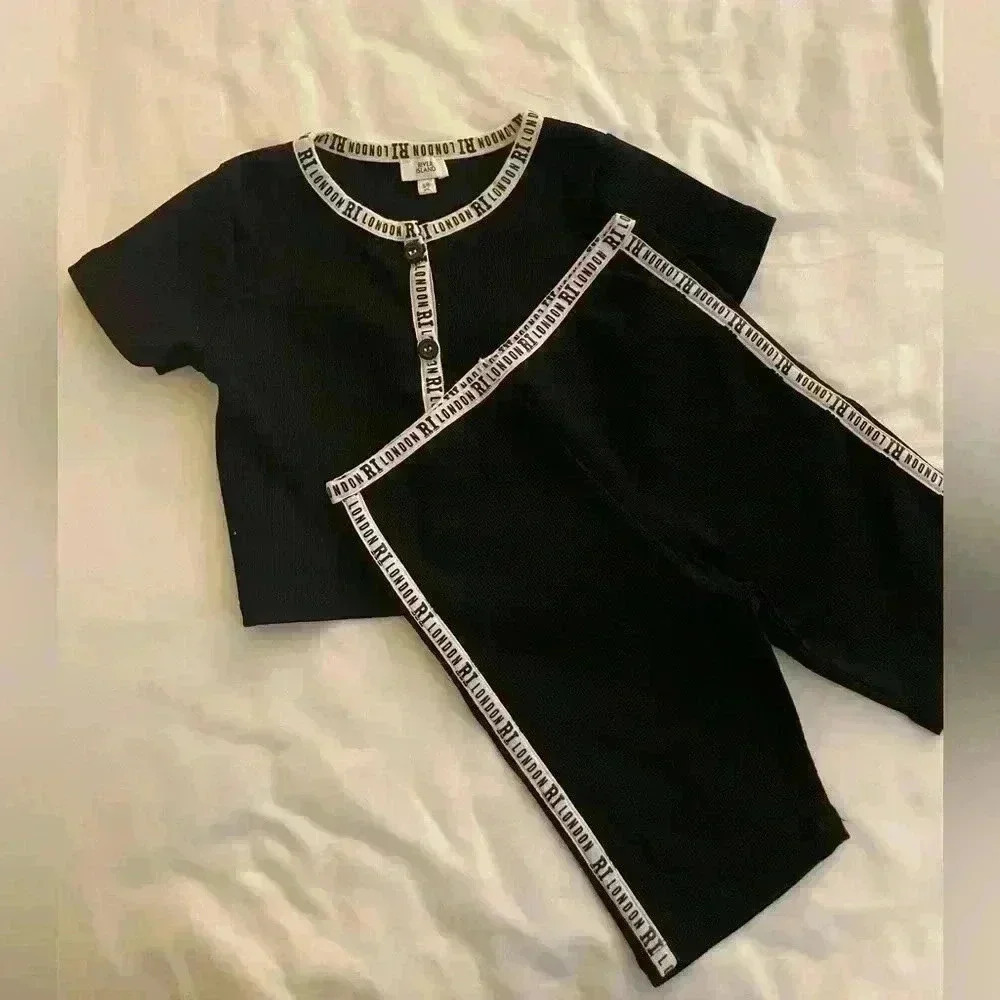 River Island Girls Kids 5-6 Years Matching Short Set Black